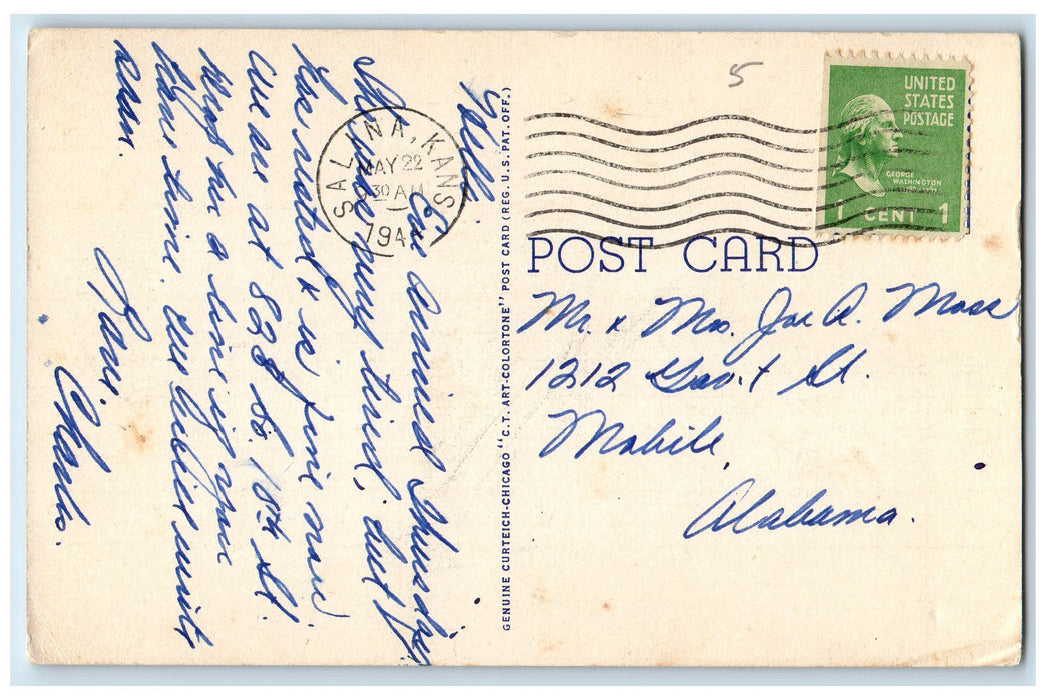 1944 Oakdale Park Gateway Trees Scene Salina Kansas KS Posted Vintage Postcard