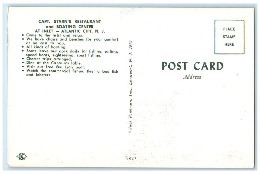 c1960's Captain Starn's Restaurant Boating Center Atlantic City NJ Boat Postcard