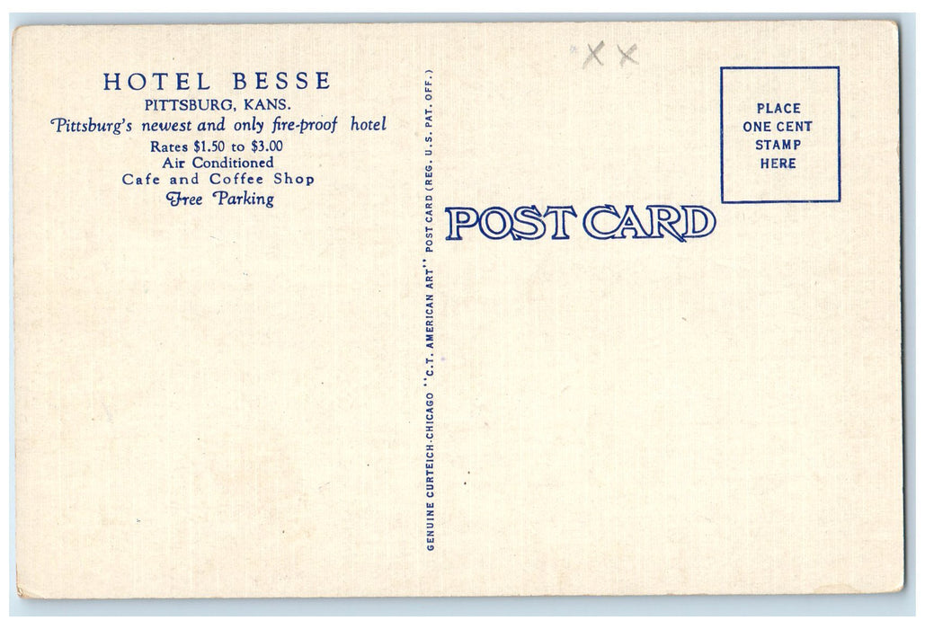c1940's Hotel Besse Exterior Unposted Roadside Pittsburg Kansas KS Postcard