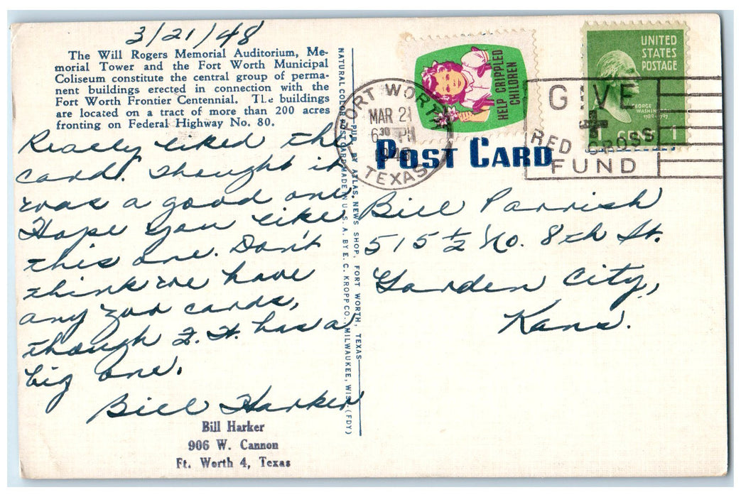1948 Auditorium Tower Coliseum Exterior Fort Worth Texas TE Posted Postcard