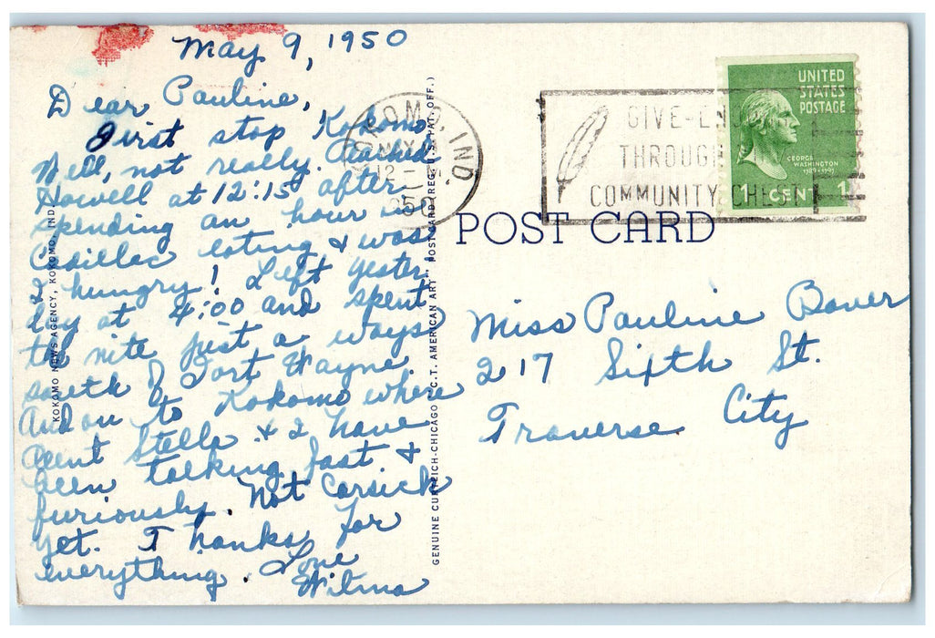 1950 Carnegie Public Library Exterior Roadside Kokomo Indiana IN Posted Postcard