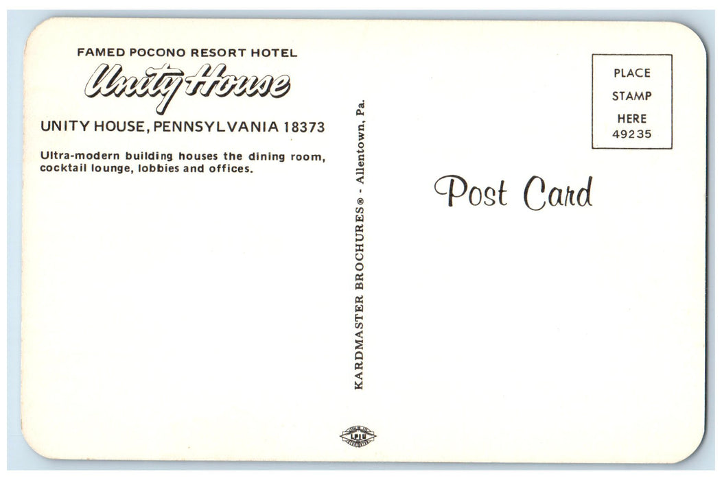 c1960s Famed Pocono Resort Hotel Unity House Pike County PA Unposted Postcard