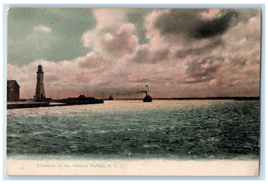 c1905 Entrance To Harbor Ship Smokestack Lighthouse Buffalo New York NY Postcard