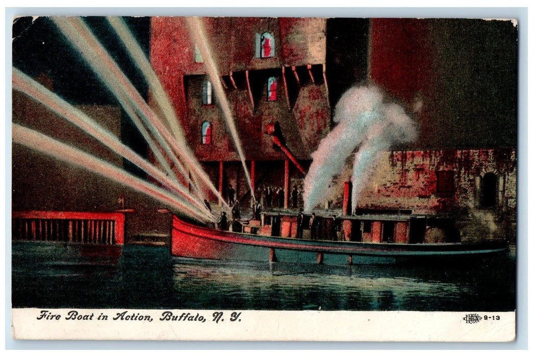 c1920's Fire Boat In Action Fire Man Water Hose On Tugboat Buffalo NY Postcard