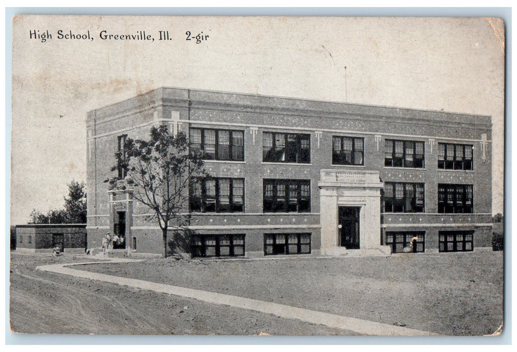 1919 High School Building Campus Entry Dirt Road Greenville Illinois IL Postcard