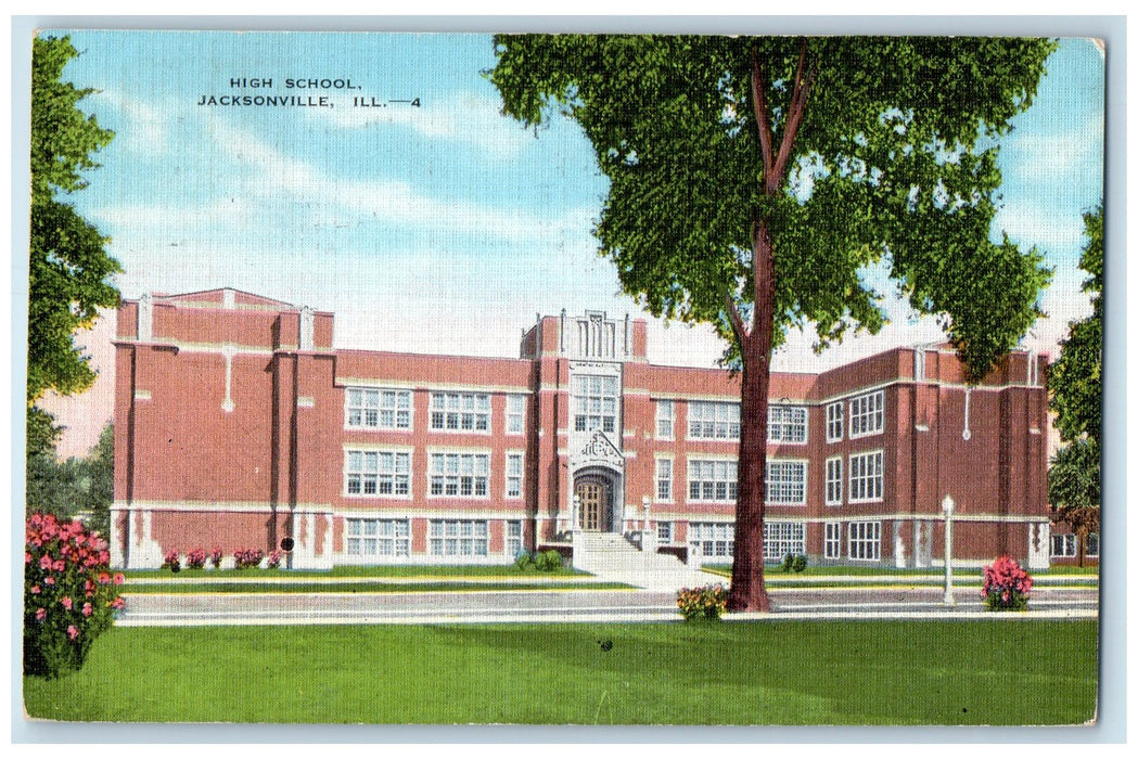 1940 High School Building Campus Entrance View Jacksonville Illinois IL Postcard
