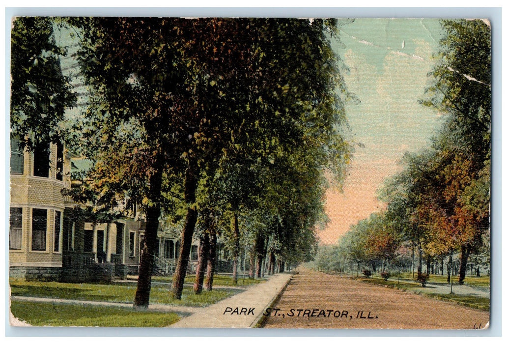 1916 Park Street Dirt Road Lined Trees Sidewalk Streator Illinois IL Postcard