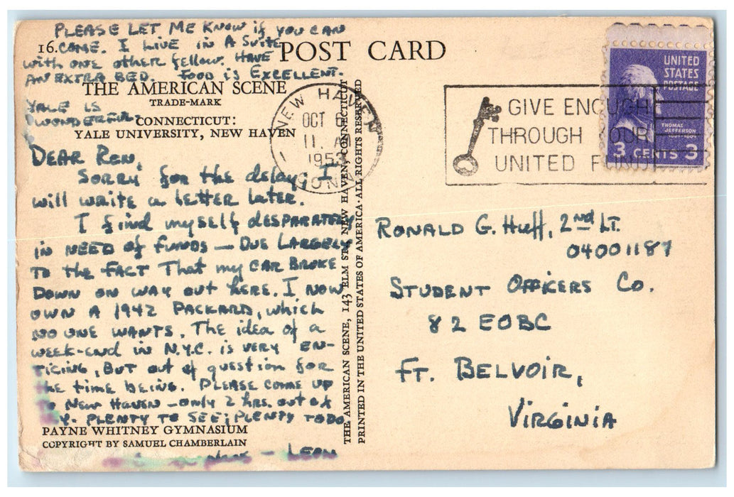 1953 Yale University Payne Whitney Gymnasium New Haven Connecticut CT Postcard