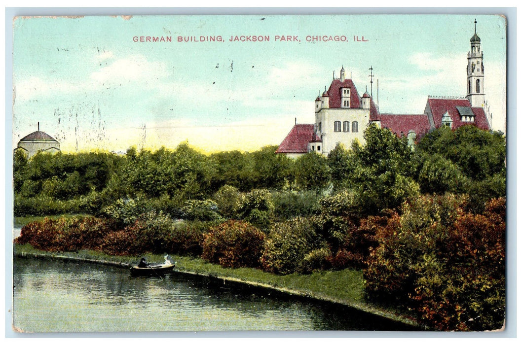 1909 German Building Jackson Park Docking Boat Pond Chicago Illinois IL Postcard