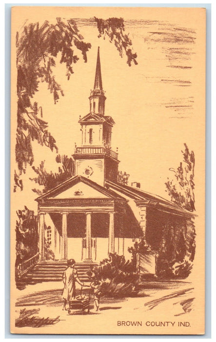 c1940s Nashville Christian Church Sketch Scene Brown County Indiana IN Postcard