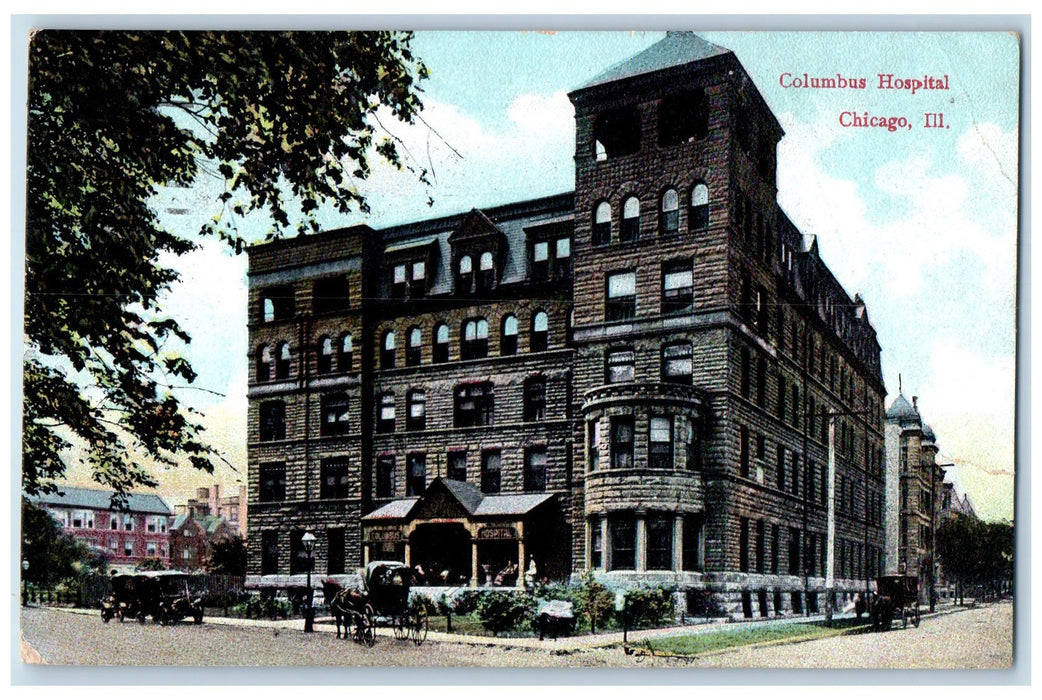 1909 Columbus Hospital Building Dirt Road Car Carriage View Chicago IL Postcard