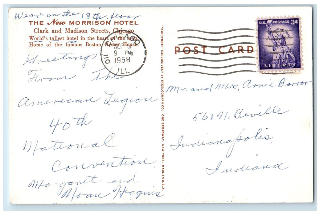1958 New Morrison Hotel Building Restaurant Chicago Illinois IL Posted Postcard