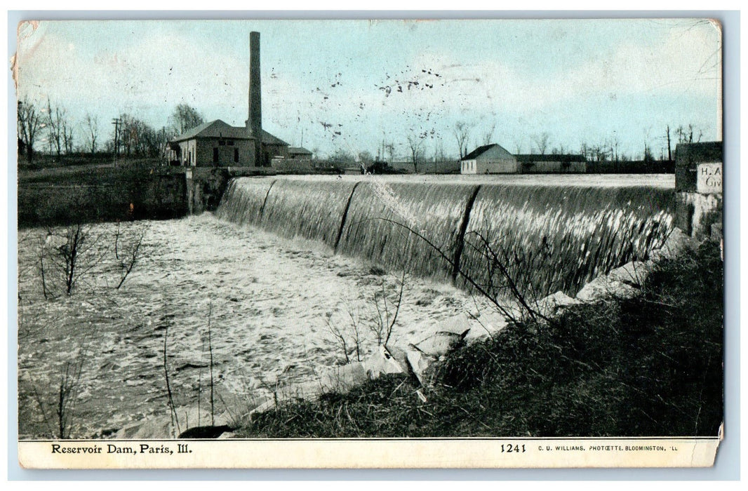 1909 Reservoir Dam Artificial Lake Stored Water Falls Paris Illinois IL Postcard