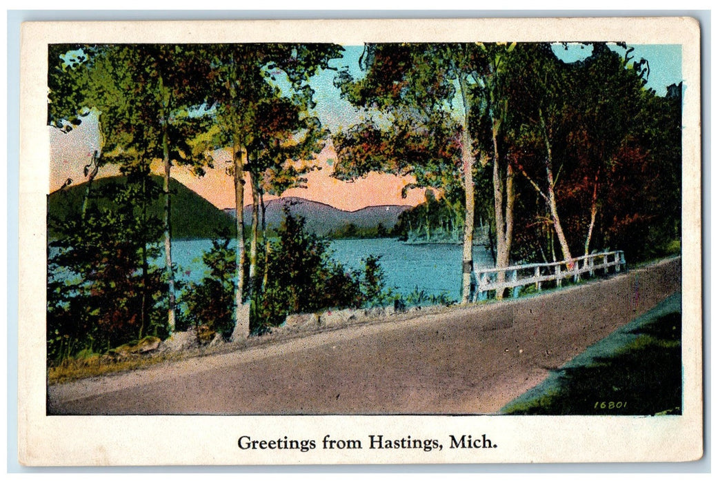 1929 Greetings From Hastings Trees Scene Michigan MI Posted Handcolored Postcard