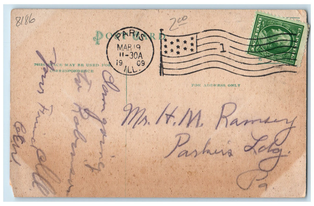 1909 Reservoir Dam Artificial Lake Stored Water Falls Paris Illinois IL Postcard