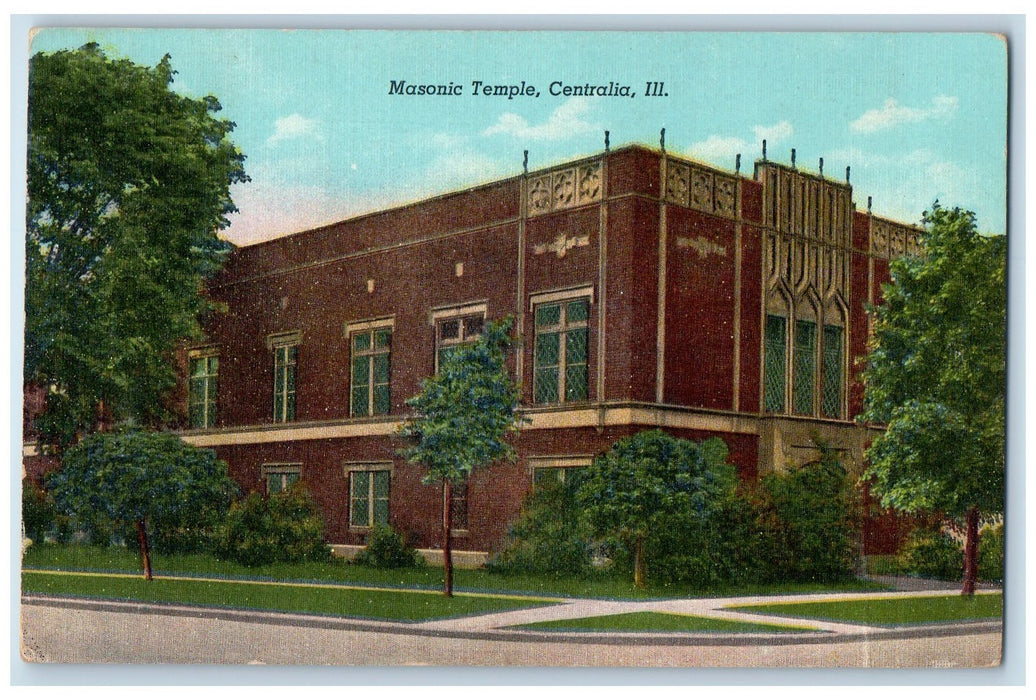 c1940 Masonic Temple Building Entrance View Trees Centralia Illinois IL Postcard