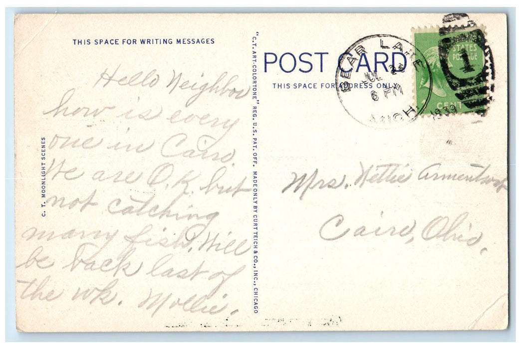 1939 Greetings From Onekama Moon And Yacht Scene Michigan MI Posted Postcard