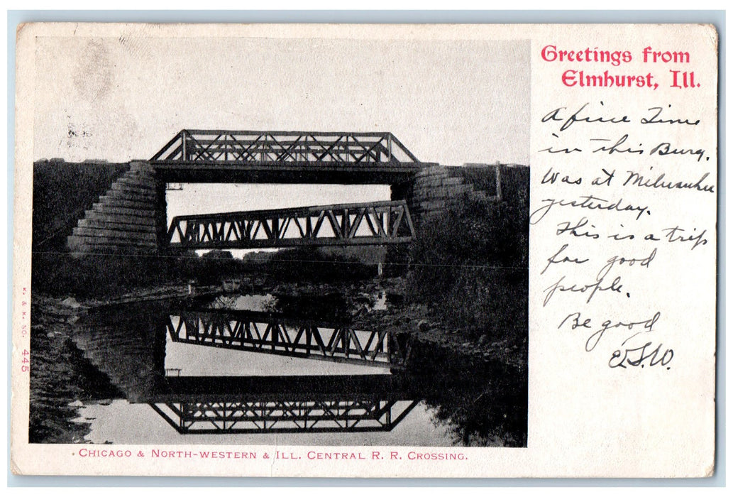 1910 Greetings From Elmhurst Double Truss Bridge Creek View Illinois IL Postcard