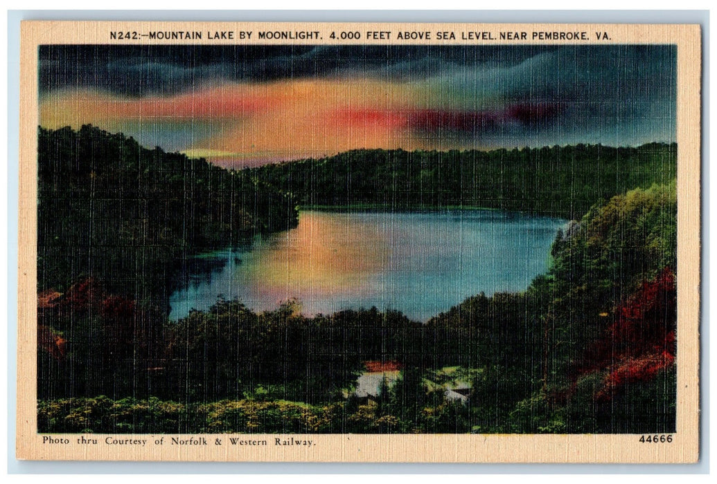 1939 Mountain Lake By Scene Moonlight Pembroke Virginia VA Unposted Postcard