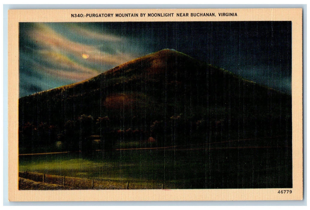 c1940s Purgatory Mountain By Moonlight Near Buchanan Virginia VA Moon Postcard