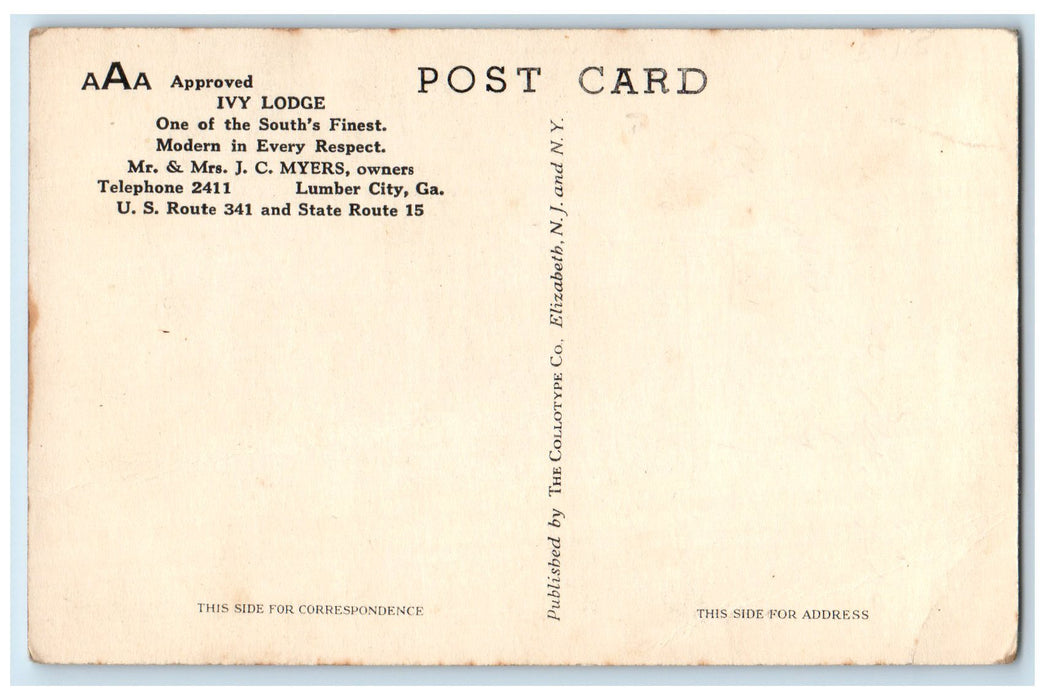 c1920 Ivy Lodge US Route 341 Building Restaurant Lumber City Georgia GA Postcard