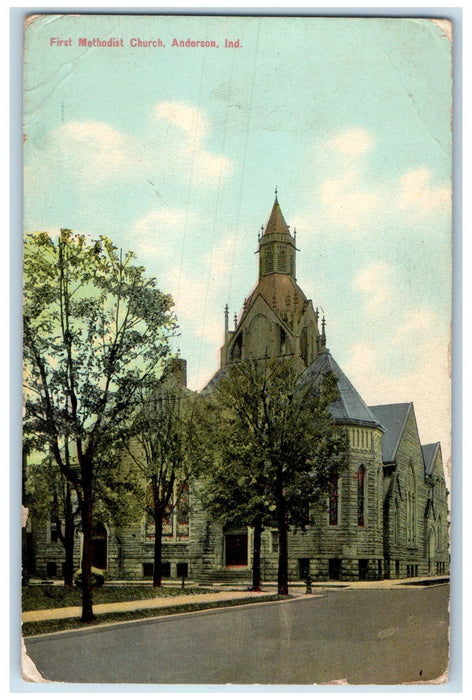 1911 First Methodist Church Building Tower Roadside Anderson Indiana IN Postcard