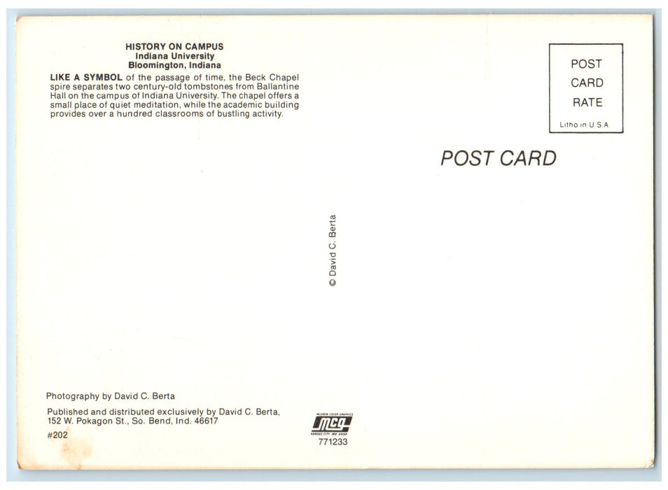 c1970's History On Campus Indiana University Bloomington Indiana IN Postcard