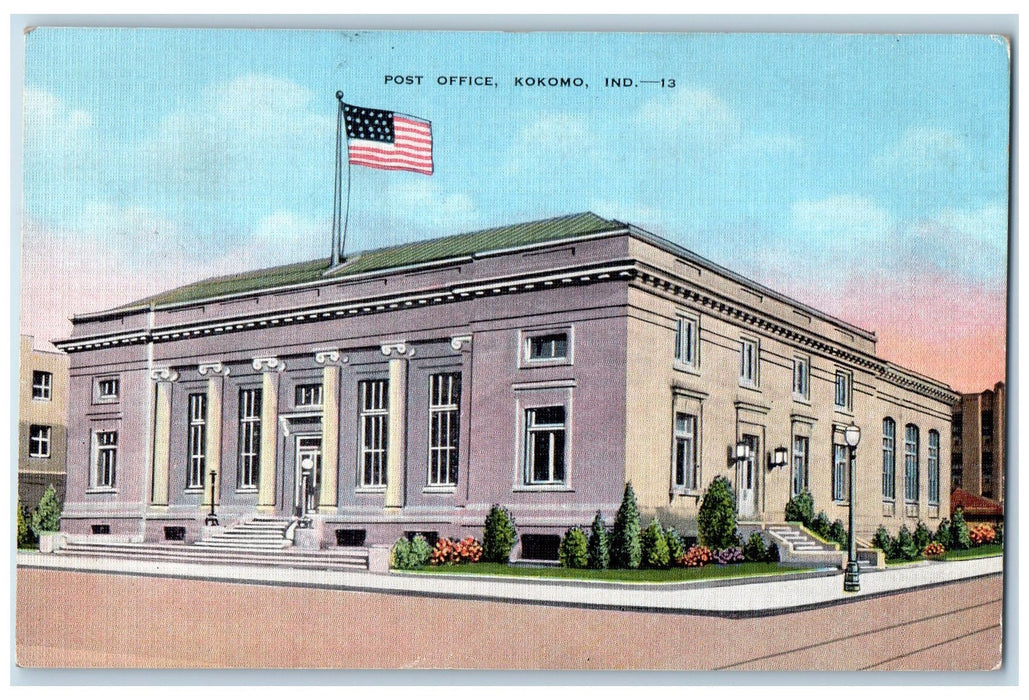 1946 Post Office Building Entrance Stairs Flag Flower Kokomo Indiana IN Postcard