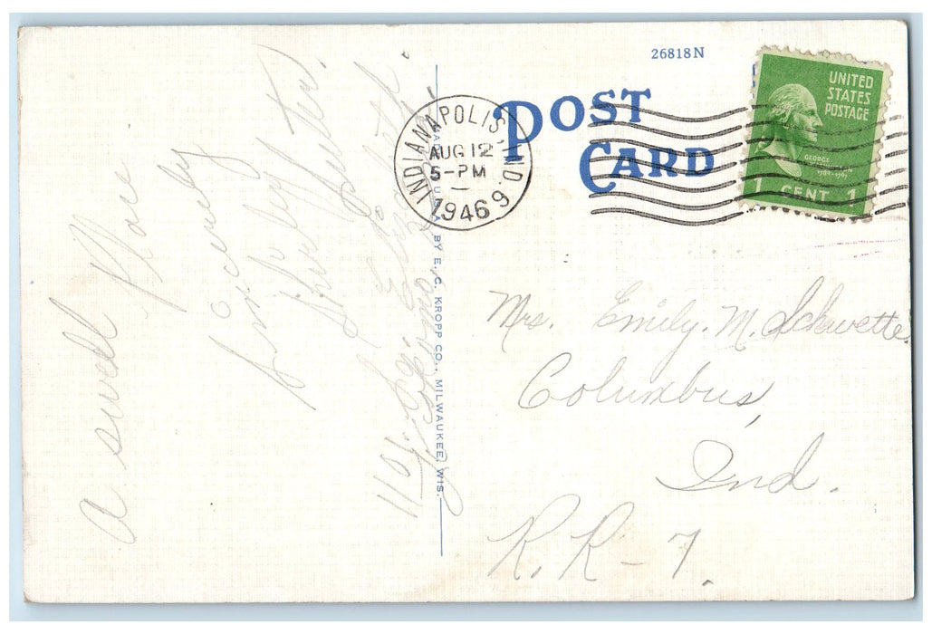 1946 Post Office Building Entrance Stairs Flag Flower Kokomo Indiana IN Postcard