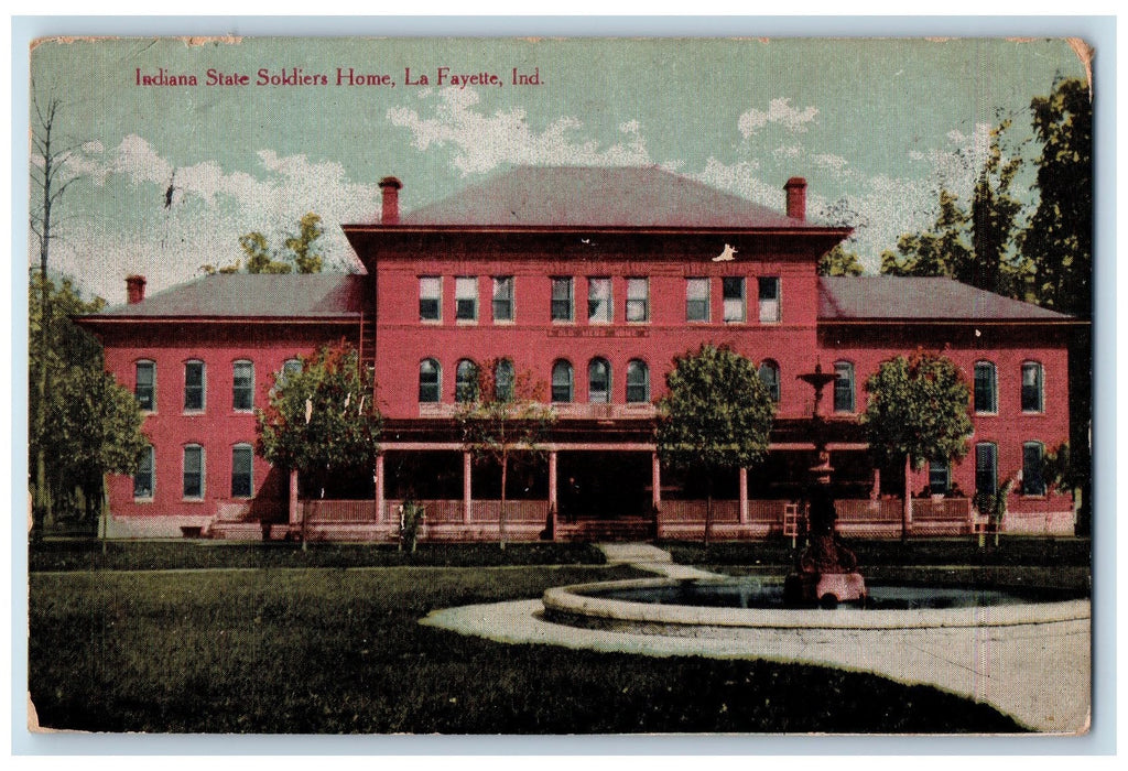 1915 Indiana State Soldier Home Building Fountain La Fayette Indiana IN Postcard
