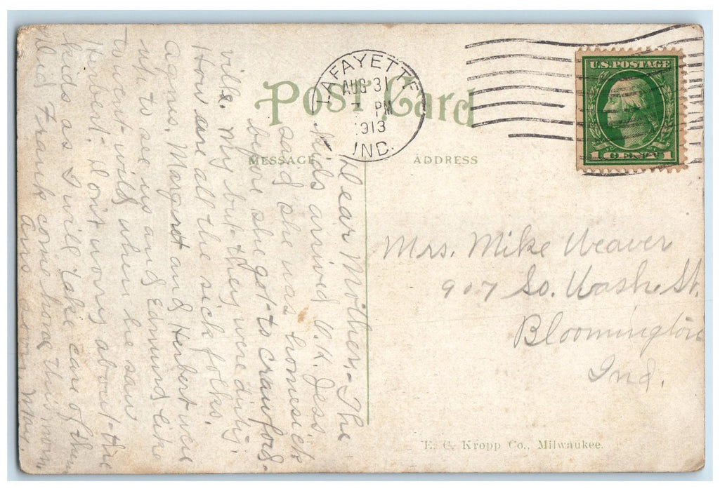 1913 Soldiers Monument Tippecanoe Battle Field La Fayette Indiana IN Postcard