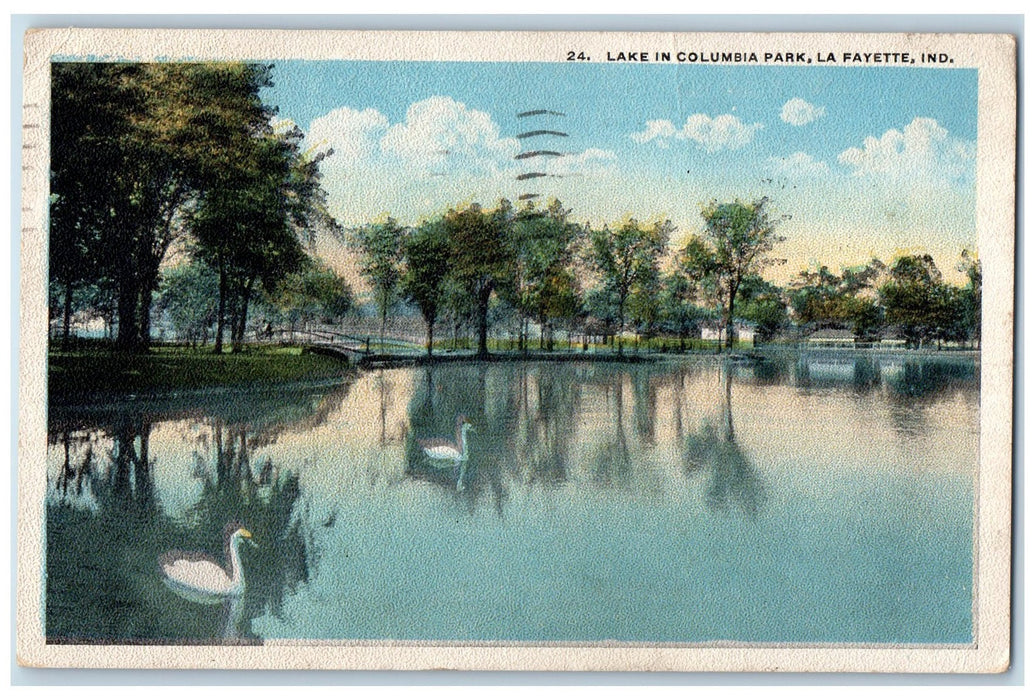 1923 Lake In Columbia Park Swan Bridge Grove View La Fayette Indiana IN Postcard