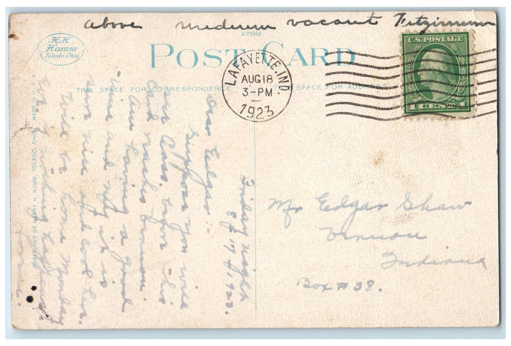 1923 Lake In Columbia Park Swan Bridge Grove View La Fayette Indiana IN Postcard