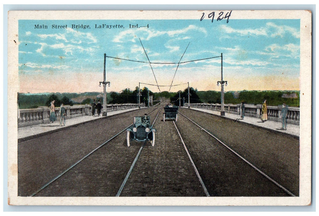 c1920 Main Street Bridge Classic Cars Railroad La Fayette Indiana IN Postcard