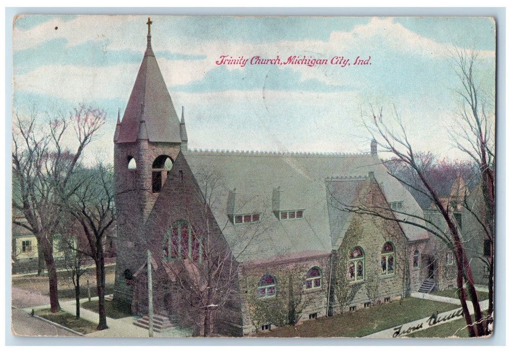 1908 Trinity Church Aerial View Building Cross Tower Michigan City IN Postcard