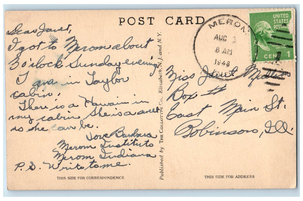 1948 John Woolman Center Merom Benches Trees Institute Merom Indiana IN Postcard
