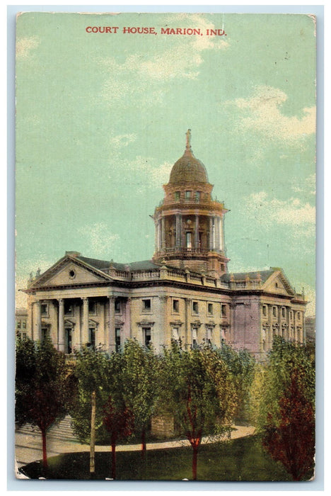 1912 Court House Building Clock Tower Grove Marion Indiana IN Posted Postcard