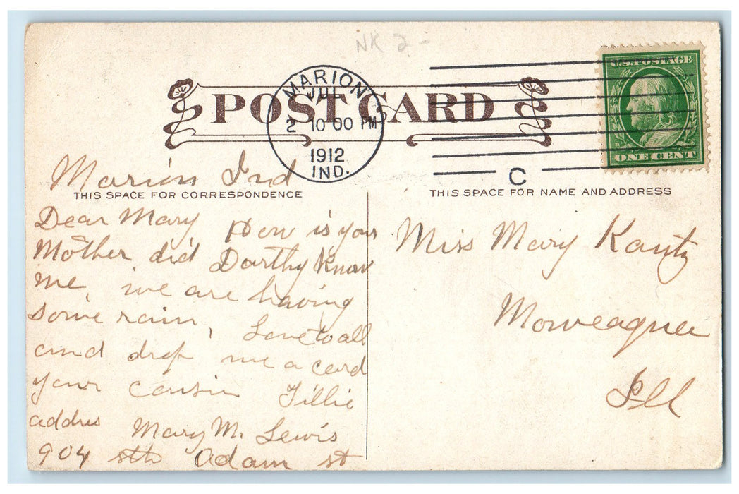 1912 Court House Building Clock Tower Grove Marion Indiana IN Posted Postcard