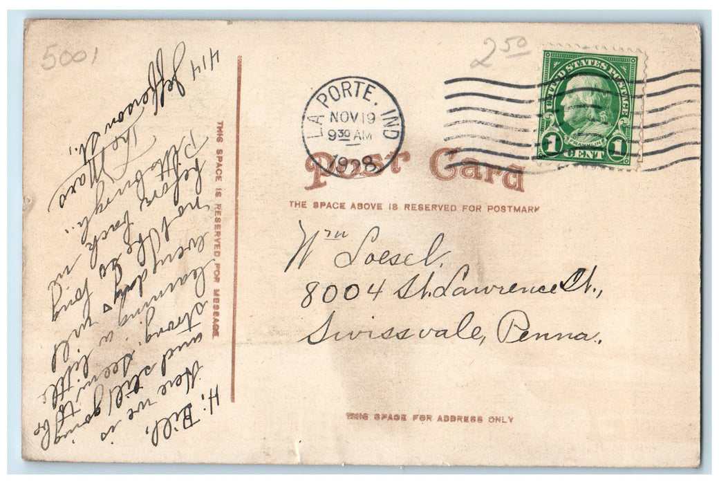 1928 Indiana Avenue Dirt Road Horse Carriage Trees La Porte Indiana IN Postcard