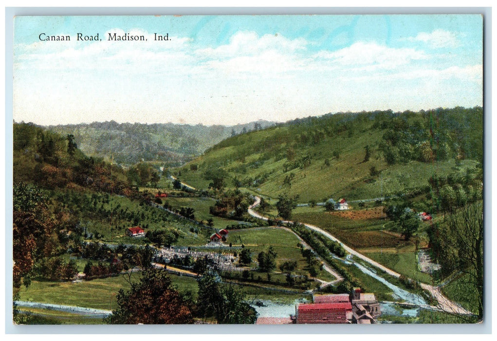 c1940's Canaan Road Creek River Dirt Road Hills View Madison Indiana IN Postcard