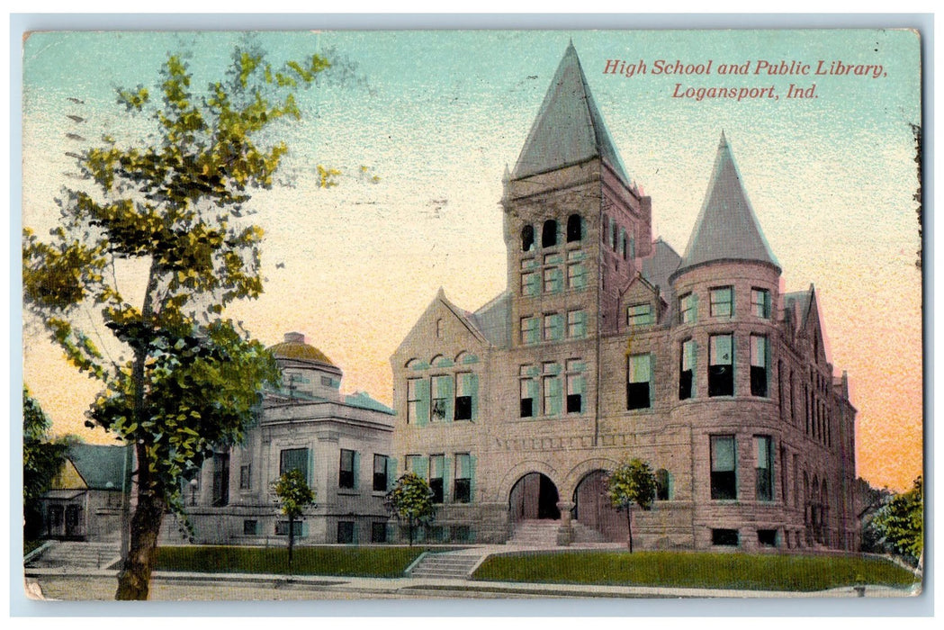 1912 High School & Public Library Building Campus Logansport Indiana IN Postcard