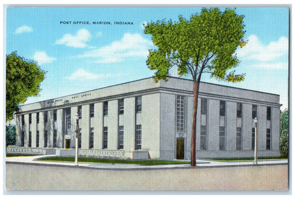 c1940 Post Office Building Entrance Corner Roadside Marion Indiana IN Postcard