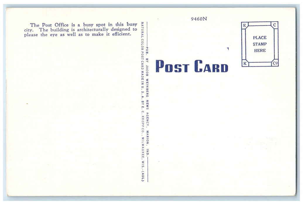 c1940 Post Office Building Entrance Corner Roadside Marion Indiana IN Postcard