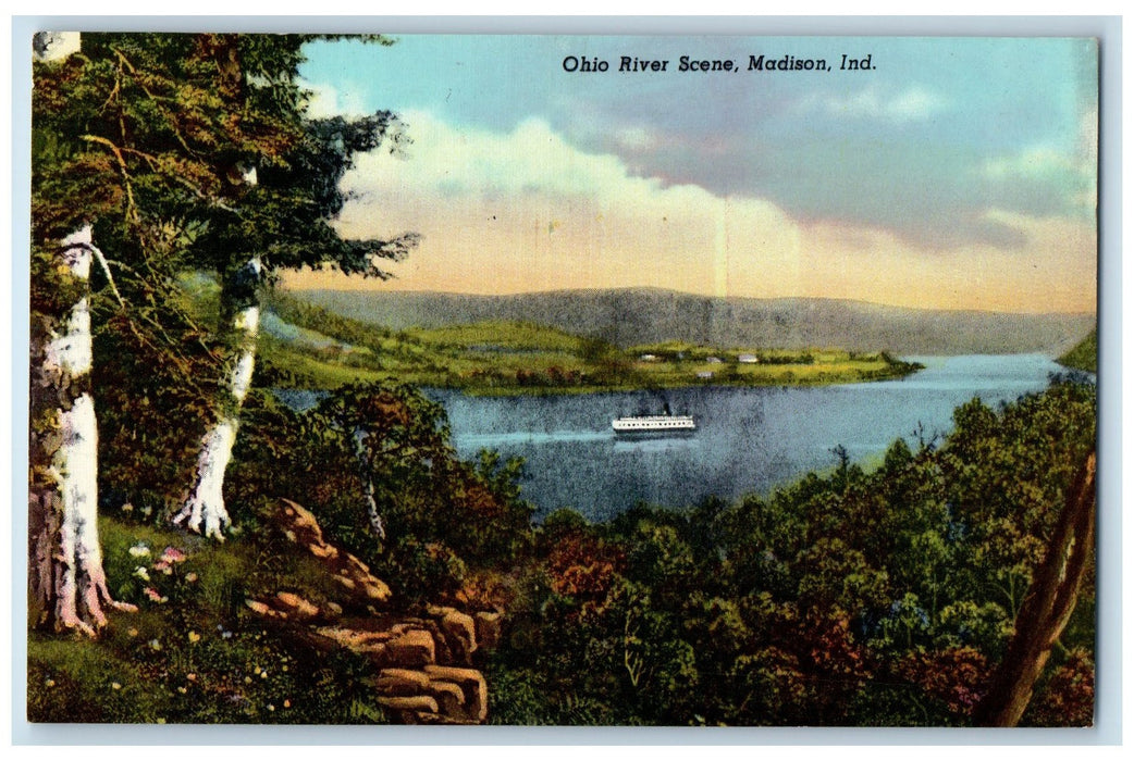 c1950's Ohio River Scene Passenger Ferry Boat Grove Madison Indiana IN Postcard