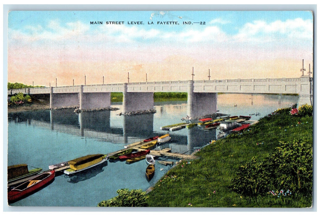 c1940's Main Street Levee Lake River Boat La Fayette Madison Indiana IN Postcard