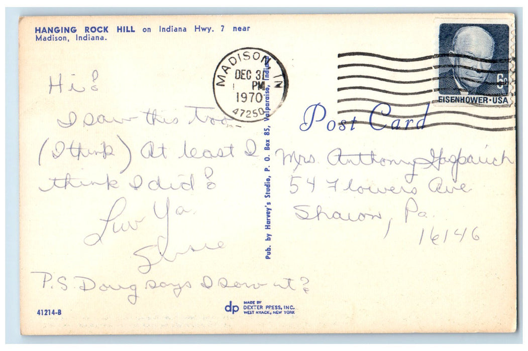 1970 Hanging Rock Hill On Indiana Curve Highway View Madison Indiana IN Postcard