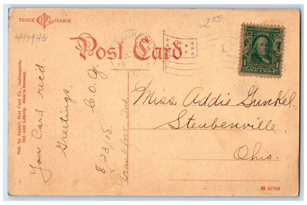 1908 High School Building Campus Tower Dirt Road Frankfort Indiana IN Postcard