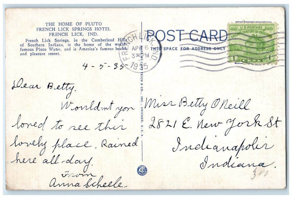 1935 The Home Of Pluto Water Lily Pond French Lick Indiana IN Posted Postcard