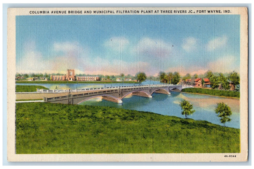 c1940's Columbia Avenue Bridge Three Rivers Fort Wayne Indiana IN Postcard