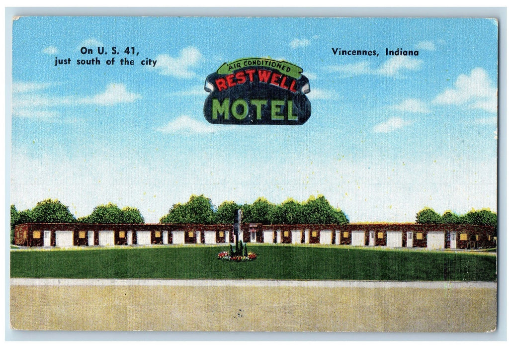 c1940 Restwell Motel South Of The City Restaurant Vincennes Indiana IN Postcard